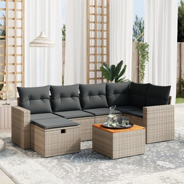 7-tlg. Garten-Sofagarnitur mit Kissen Schwarz Poly Rattan