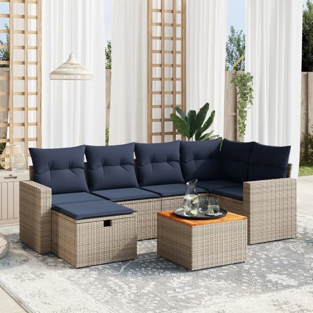 7-tlg. Garten-Sofagarnitur mit Kissen Schwarz Poly Rattan