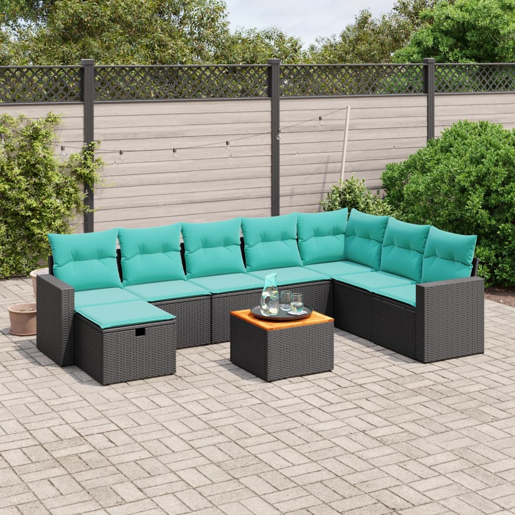 9-tlg. Garten-Sofagarnitur mit Kissen Schwarz Poly Rattan