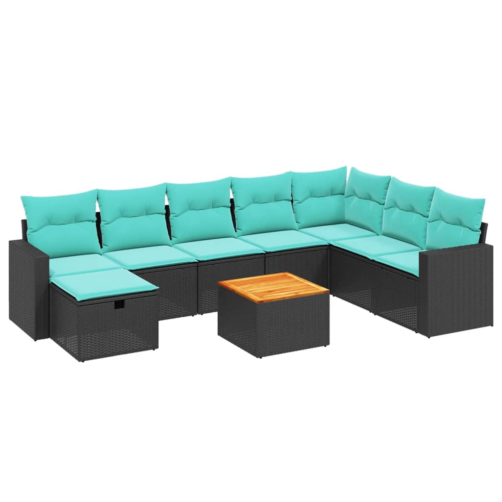 9-tlg. Garten-Sofagarnitur mit Kissen Schwarz Poly Rattan