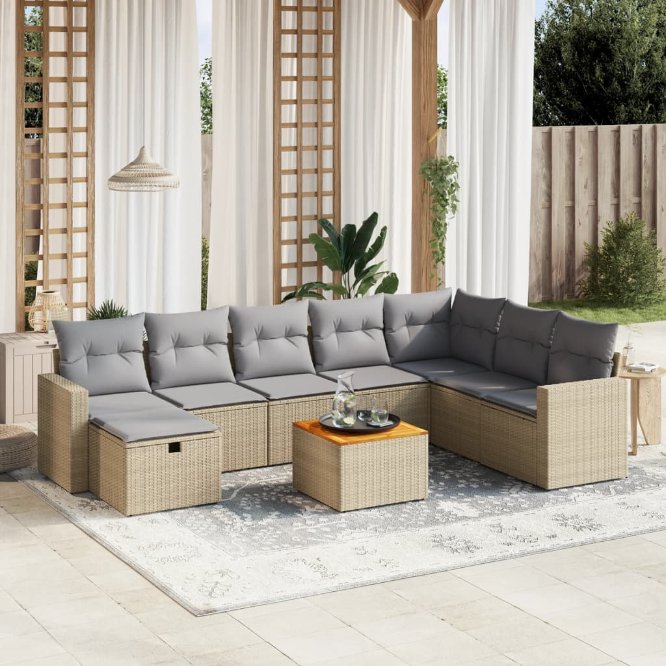 9-tlg. Garten-Sofagarnitur mit Kissen Schwarz Poly Rattan