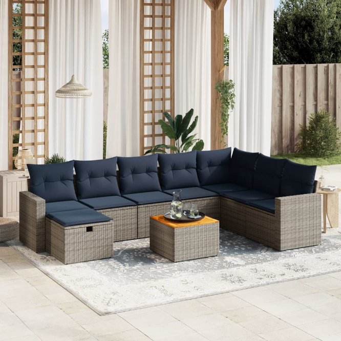 9-tlg. Garten-Sofagarnitur mit Kissen Schwarz Poly Rattan