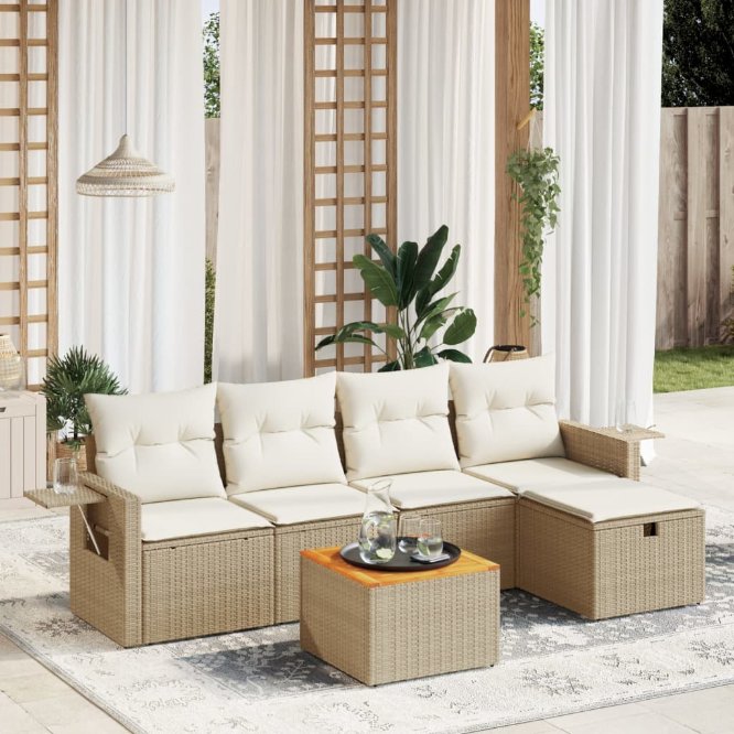 6-tlg. Garten-Sofagarnitur mit Kissen Schwarz Poly Rattan
