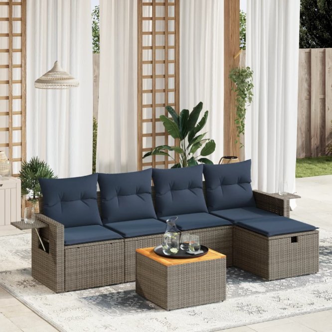 6-tlg. Garten-Sofagarnitur mit Kissen Schwarz Poly Rattan
