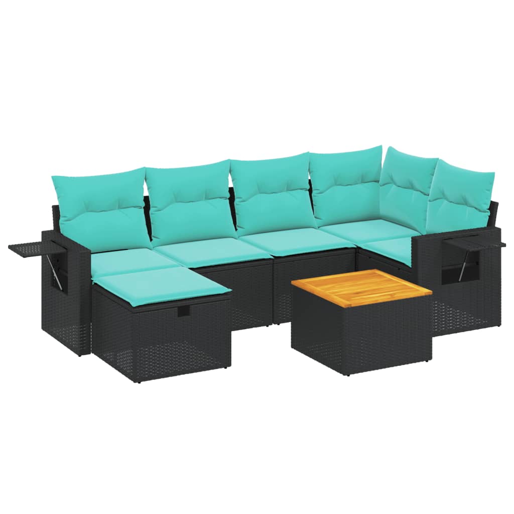 7-tlg. Garten-Sofagarnitur mit Kissen Schwarz Poly Rattan