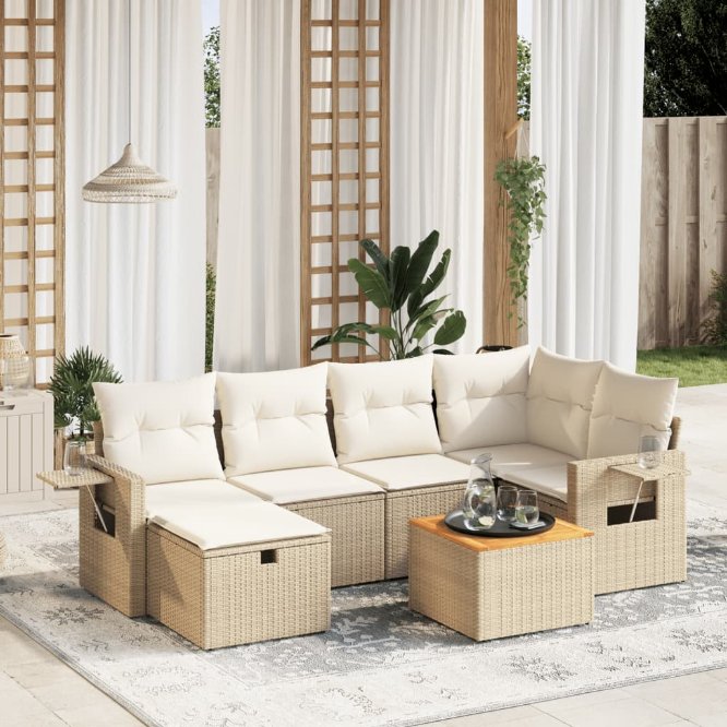 7-tlg. Garten-Sofagarnitur mit Kissen Schwarz Poly Rattan
