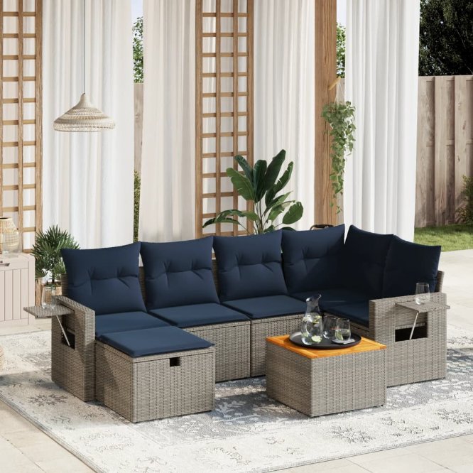 7-tlg. Garten-Sofagarnitur mit Kissen Schwarz Poly Rattan