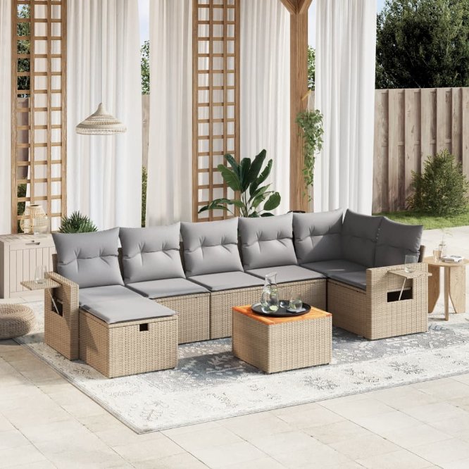 8-tlg. Garten-Sofagarnitur mit Kissen Schwarz Poly Rattan