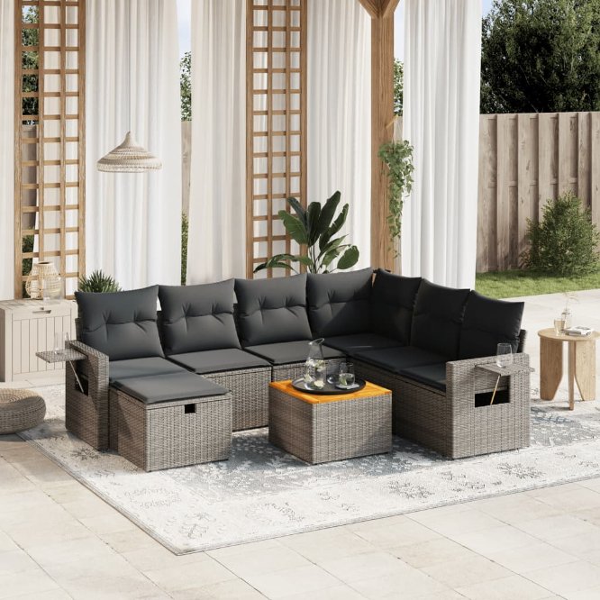 8-tlg. Garten-Sofagarnitur mit Kissen Schwarz Poly Rattan
