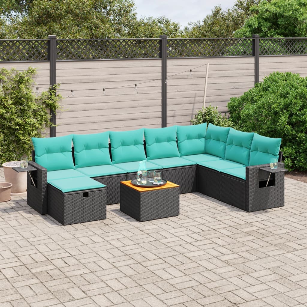 9-tlg. Garten-Sofagarnitur mit Kissen Schwarz Poly Rattan