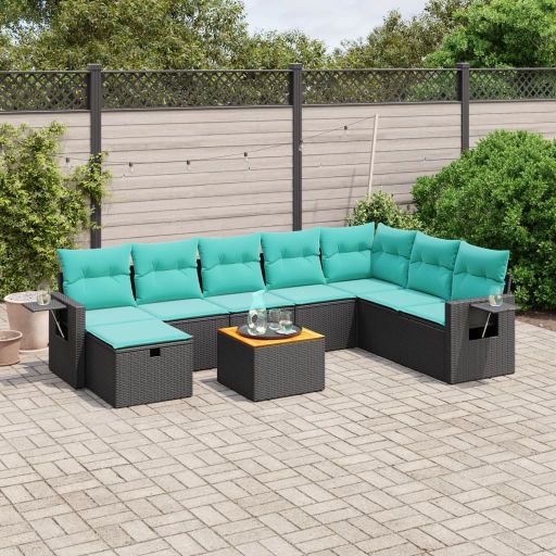 9-tlg. Garten-Sofagarnitur mit Kissen Schwarz Poly Rattan