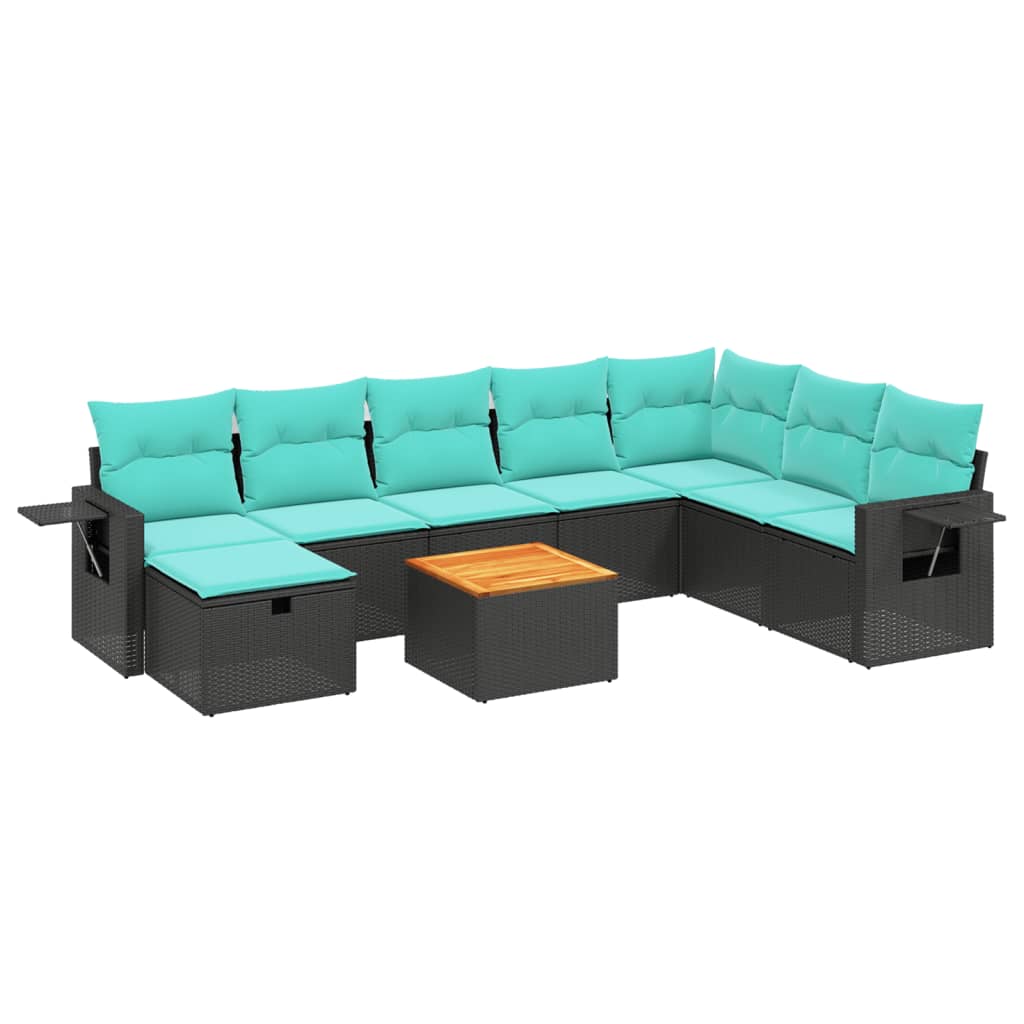 9-tlg. Garten-Sofagarnitur mit Kissen Schwarz Poly Rattan