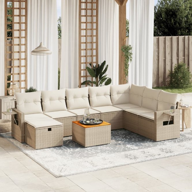 9-tlg. Garten-Sofagarnitur mit Kissen Schwarz Poly Rattan