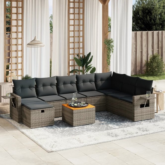 9-tlg. Garten-Sofagarnitur mit Kissen Schwarz Poly Rattan