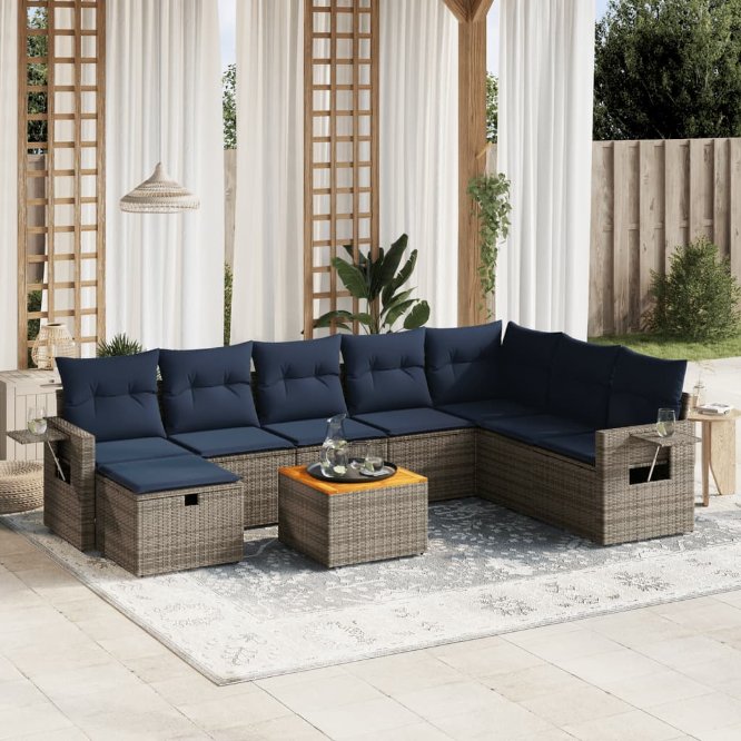9-tlg. Garten-Sofagarnitur mit Kissen Schwarz Poly Rattan