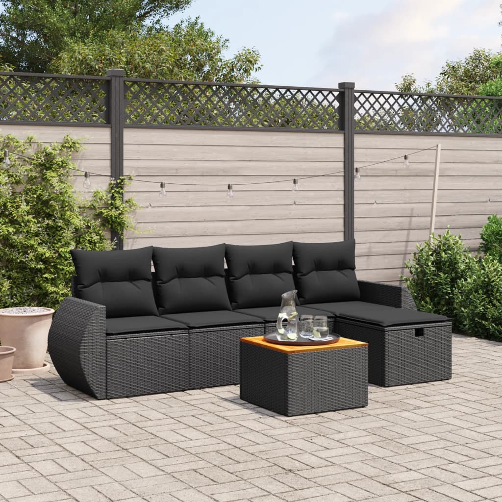 6-tlg. Garten-Sofagarnitur mit Kissen Schwarz Poly Rattan