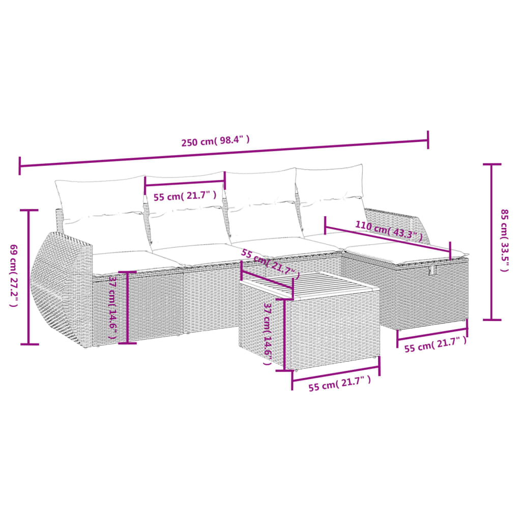 6-tlg. Garten-Sofagarnitur mit Kissen Schwarz Poly Rattan