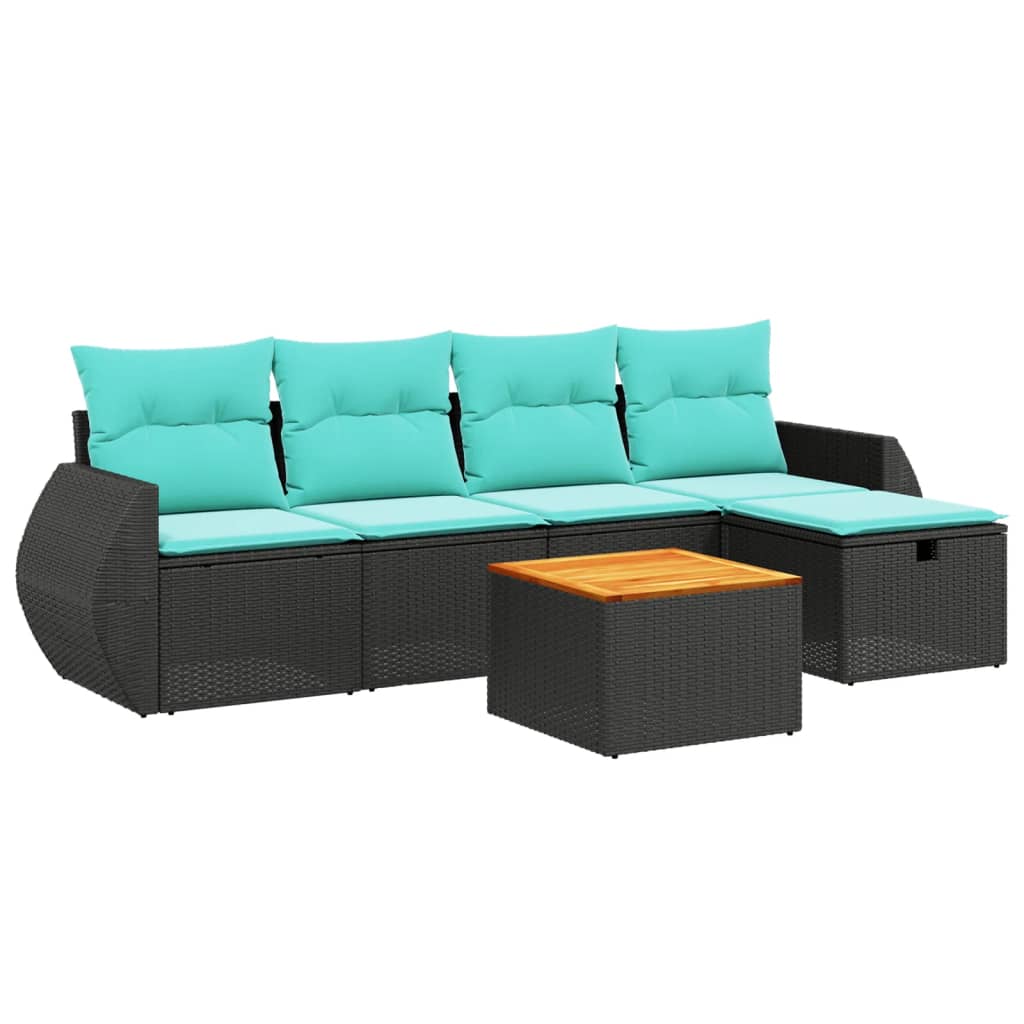 6-tlg. Garten-Sofagarnitur mit Kissen Schwarz Poly Rattan