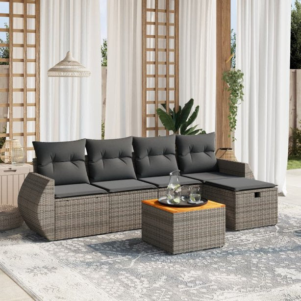 6-tlg. Garten-Sofagarnitur mit Kissen Schwarz Poly Rattan