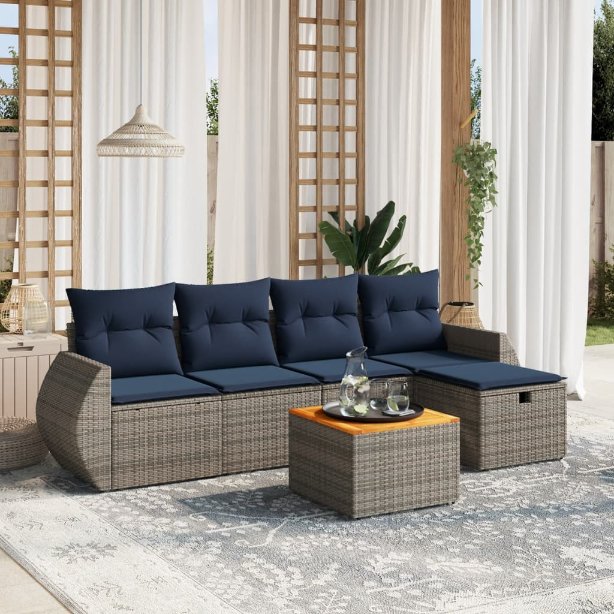 6-tlg. Garten-Sofagarnitur mit Kissen Schwarz Poly Rattan