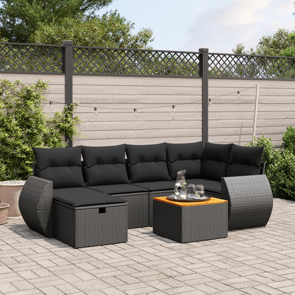 7-tlg. Garten-Sofagarnitur mit Kissen Schwarz Poly Rattan