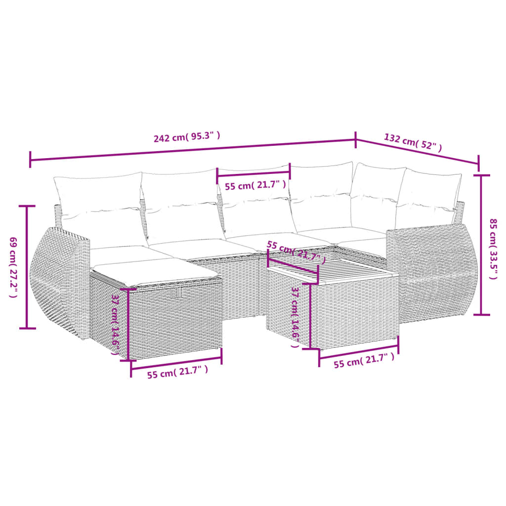 7-tlg. Garten-Sofagarnitur mit Kissen Schwarz Poly Rattan