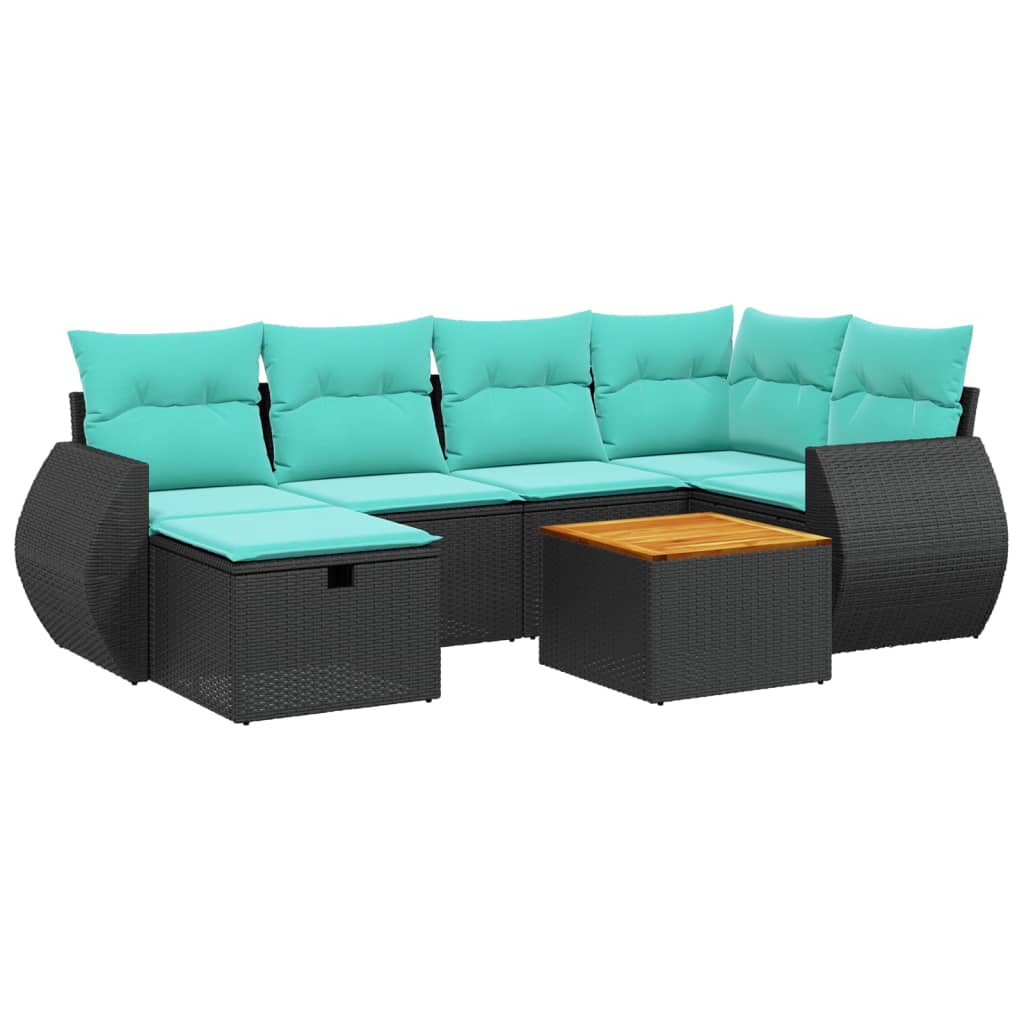 7-tlg. Garten-Sofagarnitur mit Kissen Schwarz Poly Rattan