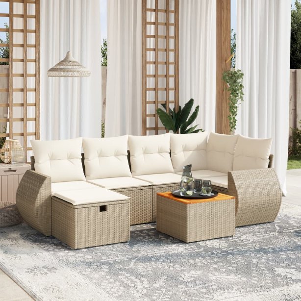 7-tlg. Garten-Sofagarnitur mit Kissen Schwarz Poly Rattan