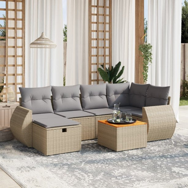7-tlg. Garten-Sofagarnitur mit Kissen Schwarz Poly Rattan