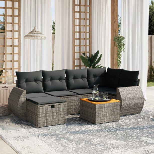 7-tlg. Garten-Sofagarnitur mit Kissen Schwarz Poly Rattan