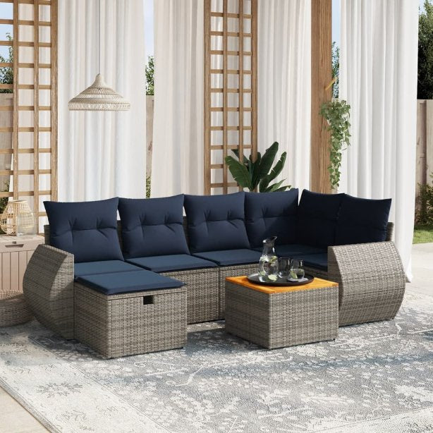7-tlg. Garten-Sofagarnitur mit Kissen Schwarz Poly Rattan