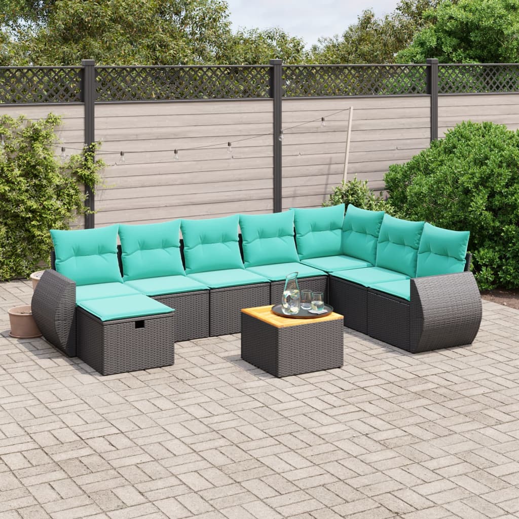 9-tlg. Garten-Sofagarnitur mit Kissen Schwarz Poly Rattan