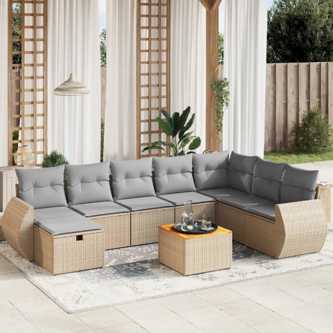 9-tlg. Garten-Sofagarnitur mit Kissen Schwarz Poly Rattan