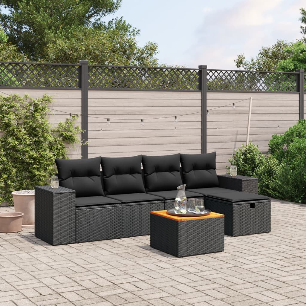 6-tlg. Garten-Sofagarnitur mit Kissen Schwarz Poly Rattan