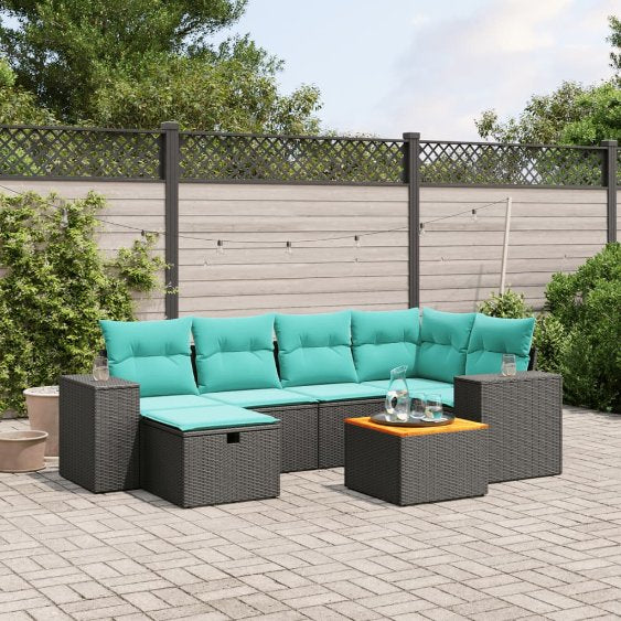 7-tlg. Garten-Sofagarnitur mit Kissen Schwarz Poly Rattan