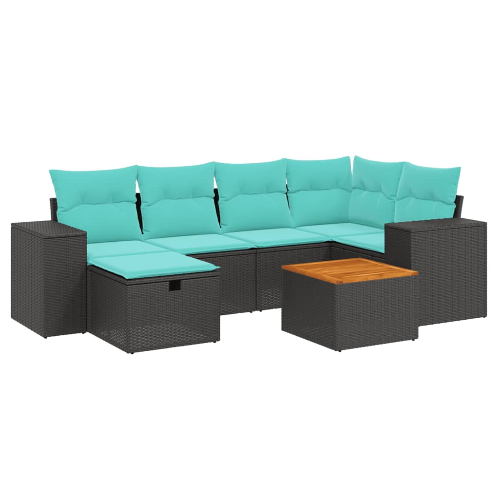 7-tlg. Garten-Sofagarnitur mit Kissen Schwarz Poly Rattan