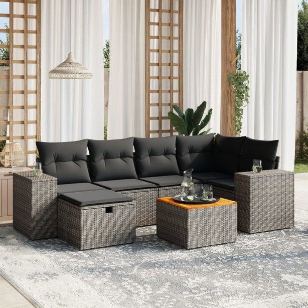 7-tlg. Garten-Sofagarnitur mit Kissen Schwarz Poly Rattan