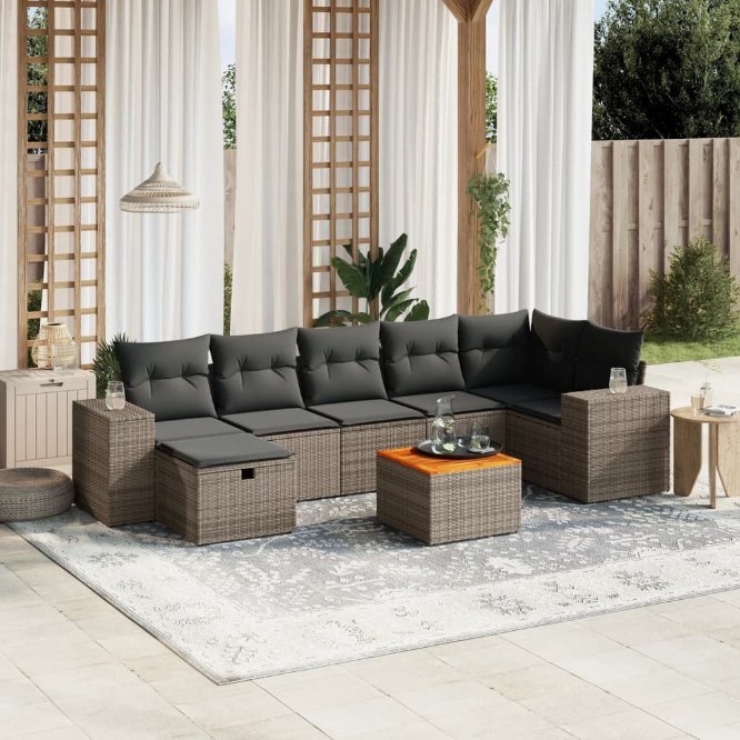 8-tlg. Garten-Sofagarnitur mit Kissen Schwarz Poly Rattan