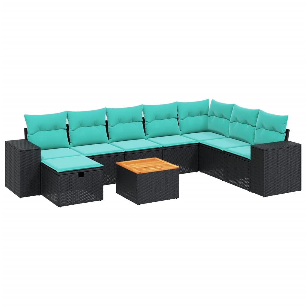 9-tlg. Garten-Sofagarnitur mit Kissen Schwarz Poly Rattan