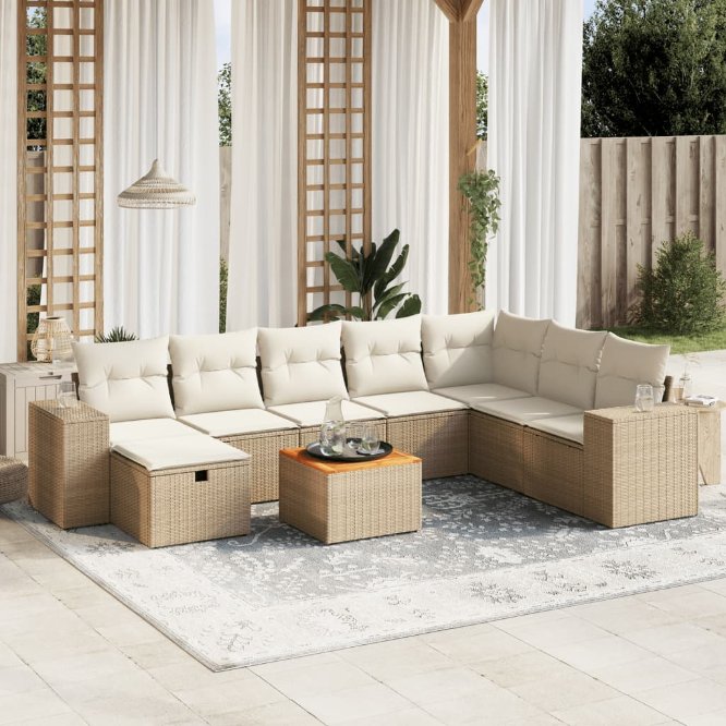 9-tlg. Garten-Sofagarnitur mit Kissen Schwarz Poly Rattan