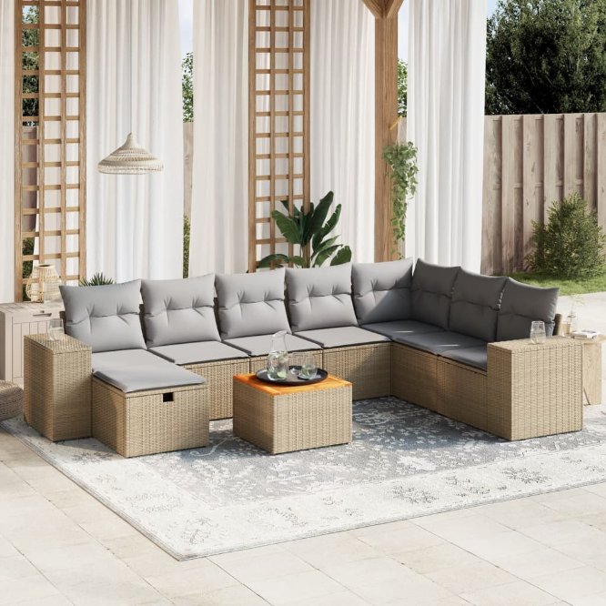 9-tlg. Garten-Sofagarnitur mit Kissen Schwarz Poly Rattan