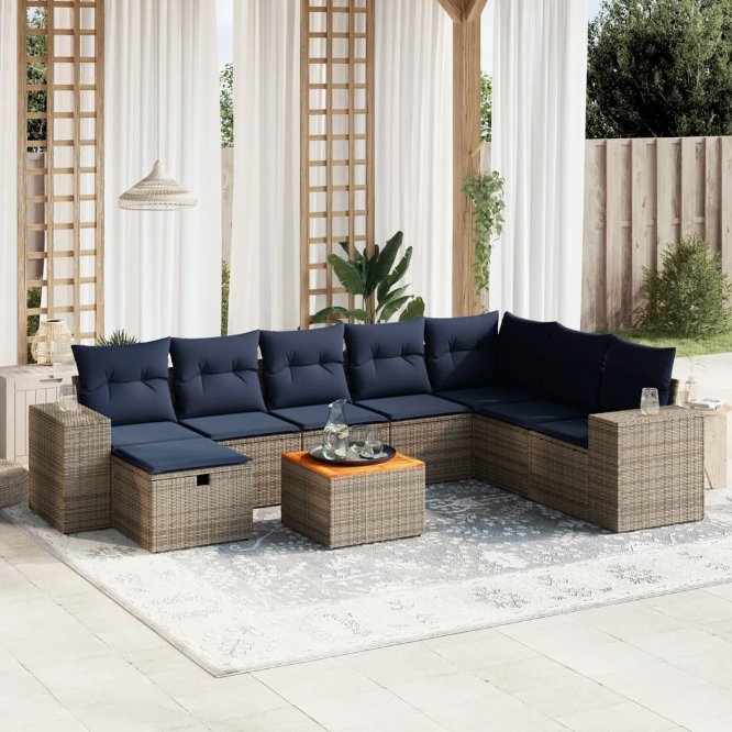 9-tlg. Garten-Sofagarnitur mit Kissen Schwarz Poly Rattan