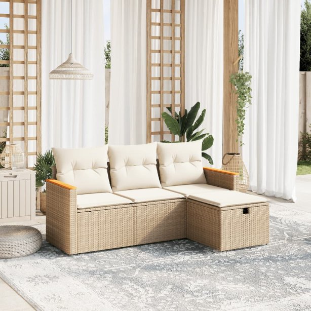 4-tlg. Garten-Sofagarnitur mit Kissen Schwarz Poly Rattan