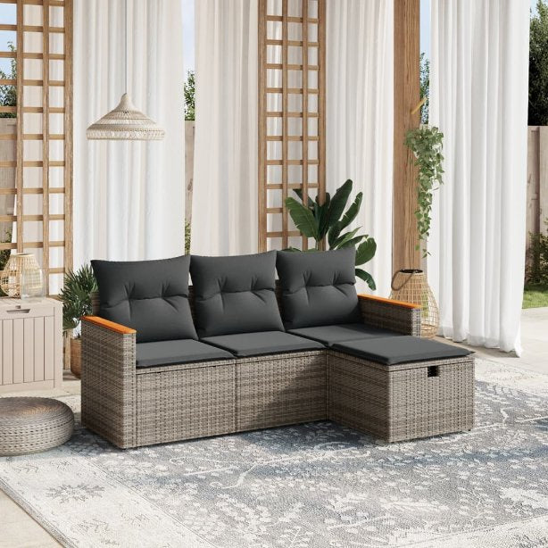 4-tlg. Garten-Sofagarnitur mit Kissen Schwarz Poly Rattan