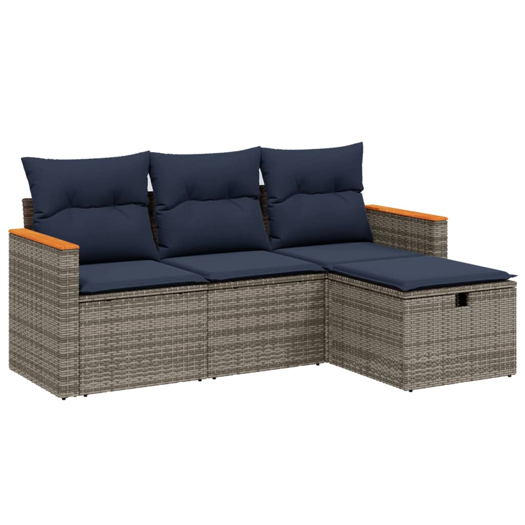 4-tlg. Garten-Sofagarnitur mit Kissen Grau Poly Rattan