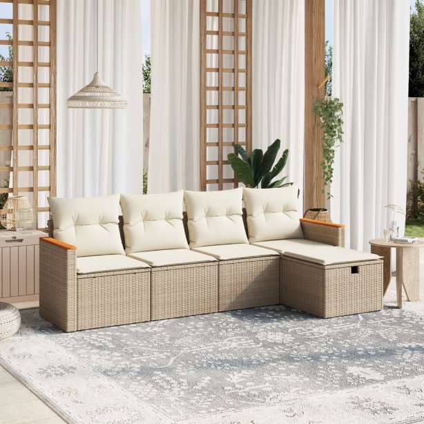 5-tlg. Garten-Sofagarnitur mit Kissen Schwarz Poly Rattan