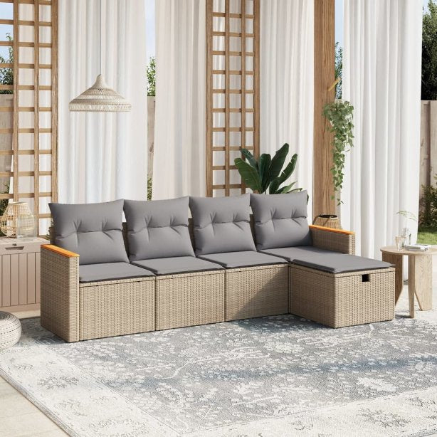 5-tlg. Garten-Sofagarnitur mit Kissen Schwarz Poly Rattan