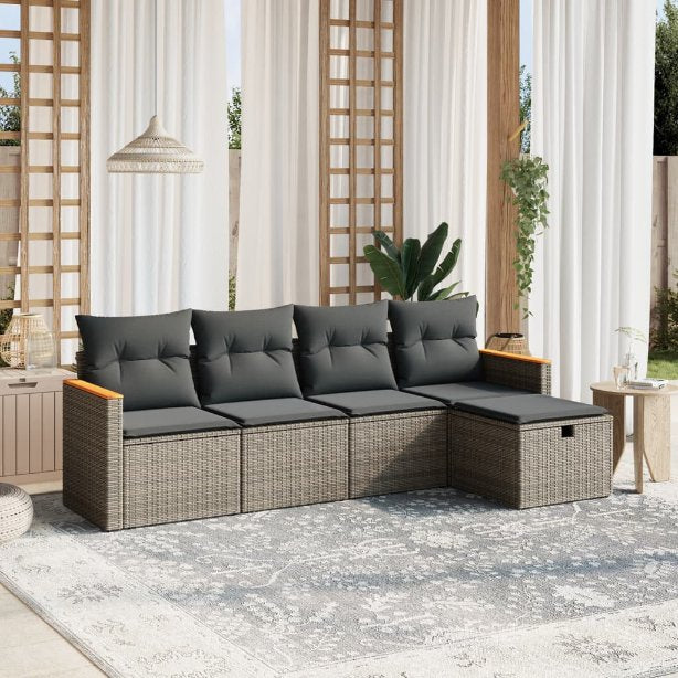 5-tlg. Garten-Sofagarnitur mit Kissen Schwarz Poly Rattan