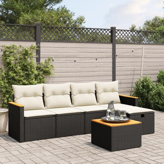 5-tlg. Garten-Sofagarnitur mit Kissen Schwarz Poly Rattan