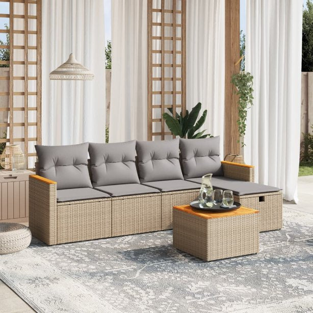 5-tlg. Garten-Sofagarnitur mit Kissen Schwarz Poly Rattan